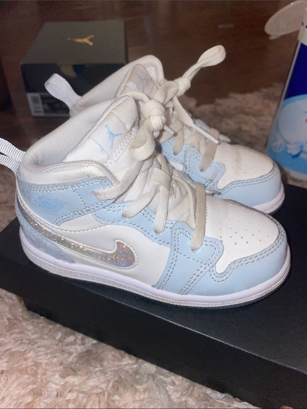 Jordan Kids' Mid-Top Sneakers in White & Light Blue with Sparkle Swoosh